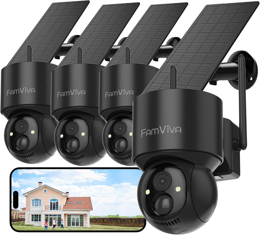 2K Solar Security Cameras Wireless Outdoor, 360°PTZ Battery Powered Cameras for Home Security, 2.4G WiFi Outdoor Camera with Color Night Vision, IP66 Waterproof, Motion Sensor Alarm, Black-4P