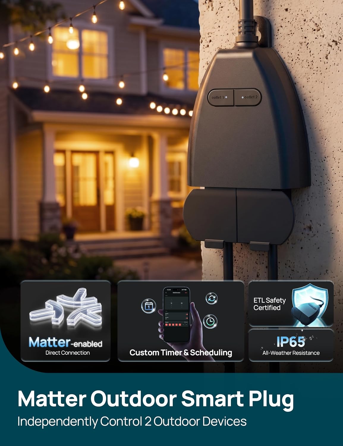Linkind Matter Outdoor Smart Plug, Work with Alexa, Apple Home, Google Home