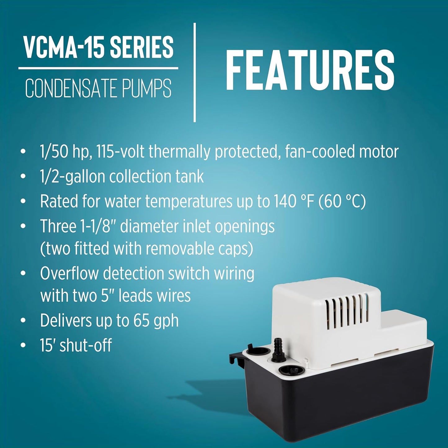 Little Giant VCMA-15ULST 115 Volt, 65 GPH, 1/50 HP Automatic Condensate Removal Pump for HVAC/Refrigeration Systems/Dehumidifiers with Overflow Detection Switch and 20-Foot Tubing, Black/White, 554415