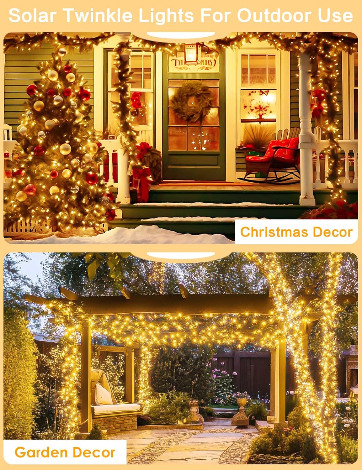 Solar String Lights Outdoor, 2 Pack 80 FT 200 LED Fairy Lights | Warm White, 8 Modes, Memory, Auto On/Off, IP65 Waterproof Copper Wire Twinkle Light for Garden Tree Patio Fence Wedding Decor
