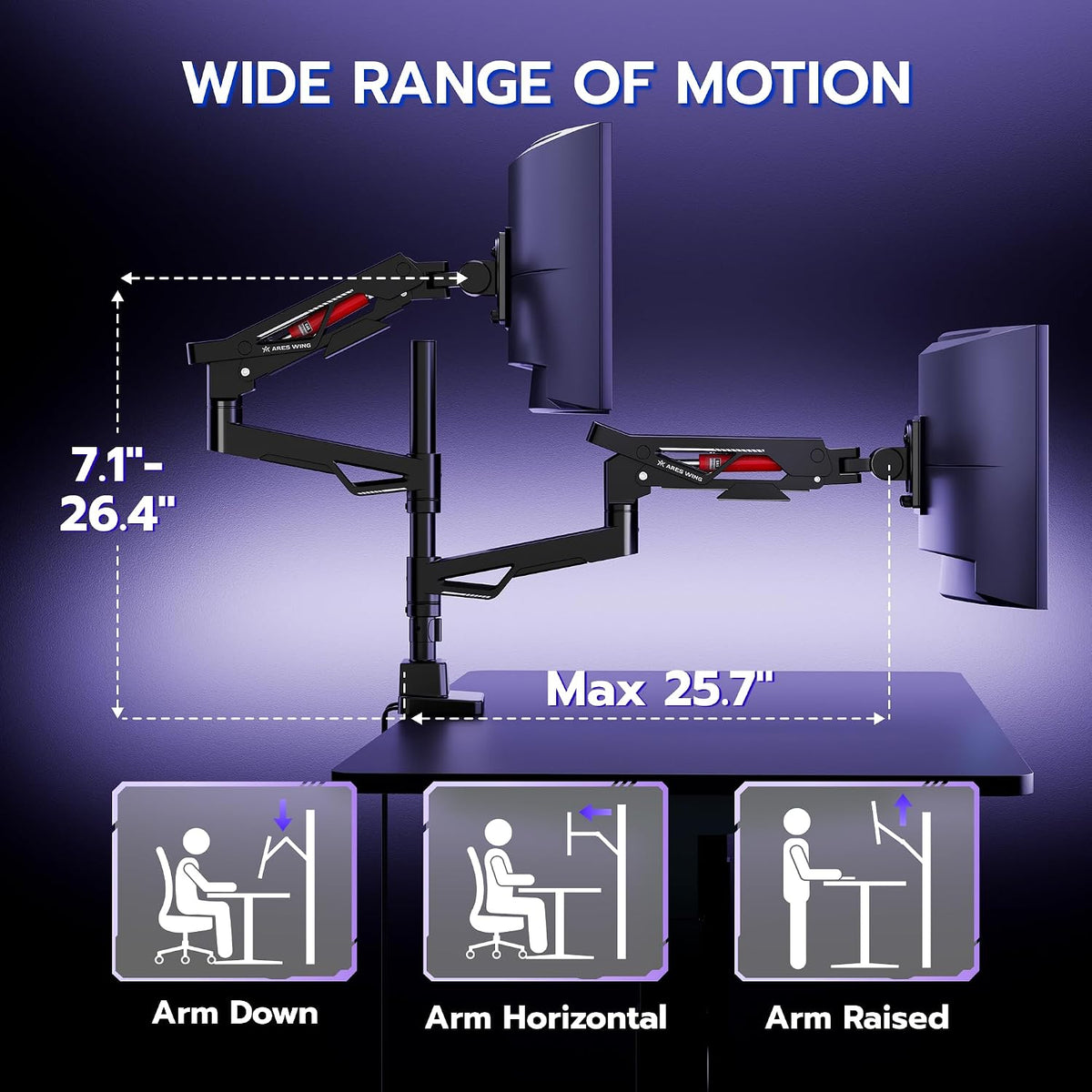 ARES WING Heavy-Duty Gas Spring Dual Ultrawide Monitor Arm57 60Lbs USB VESA