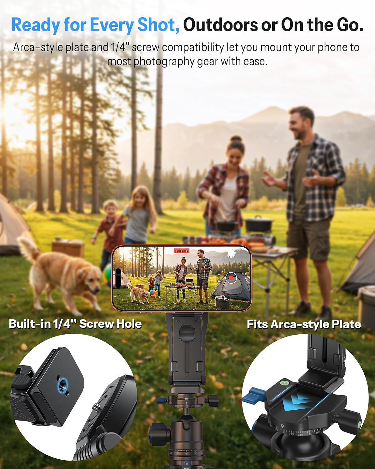 OMOTON TP02-Pro 5 in 1 Magnetic Phone Holder for Vlogging Essentials, Black | Arca-type Base with a 1/4" Screw Hole, Magnetic Ring with Rear Attachment Plate, for iPhone 12-17 Series, Gym Kitchen Travel