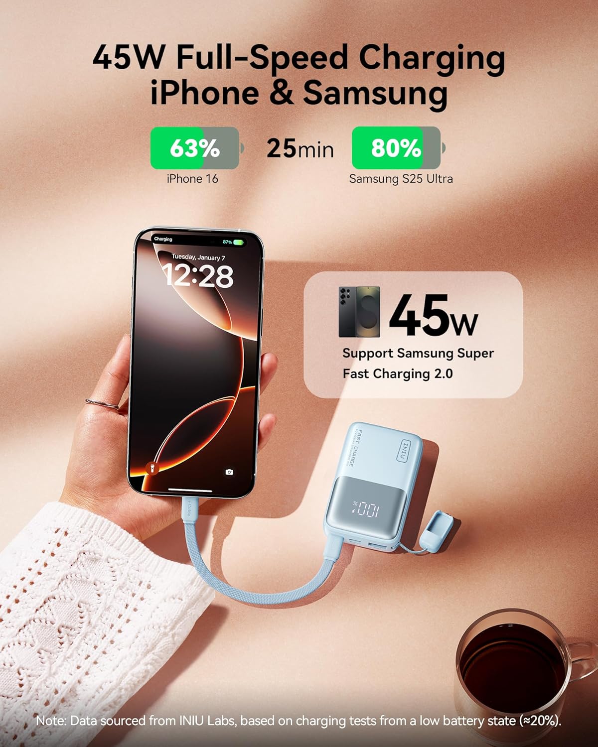 INIU Portable Charger, Ultra Mini 10000mAh 45W Fast Charging Power Bank | Flight-Safe, USB-C Cable, Travel Essential, 45W Battery Phone Pack for iPhone 17 16 Samsung S26 Google iPad etc, Light Blue