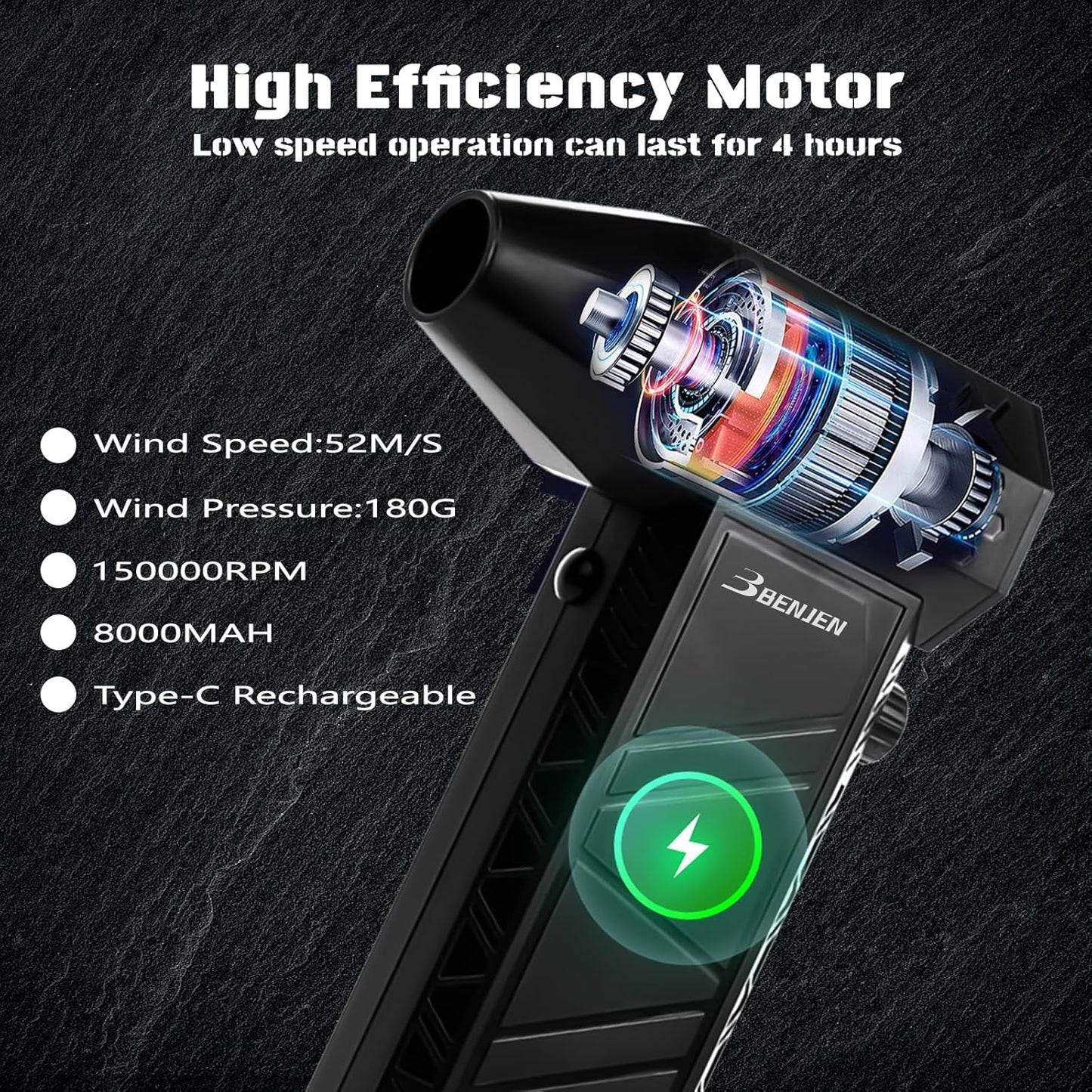BENJEN Compressed Air Duster, 150000RPM, Turbo Blower, Electric | infinitely adjustable speed, Air Blower, Cordless, Rechargeable, Computer, Keyboard, House, Outdoor, Car, ideal gifts for men