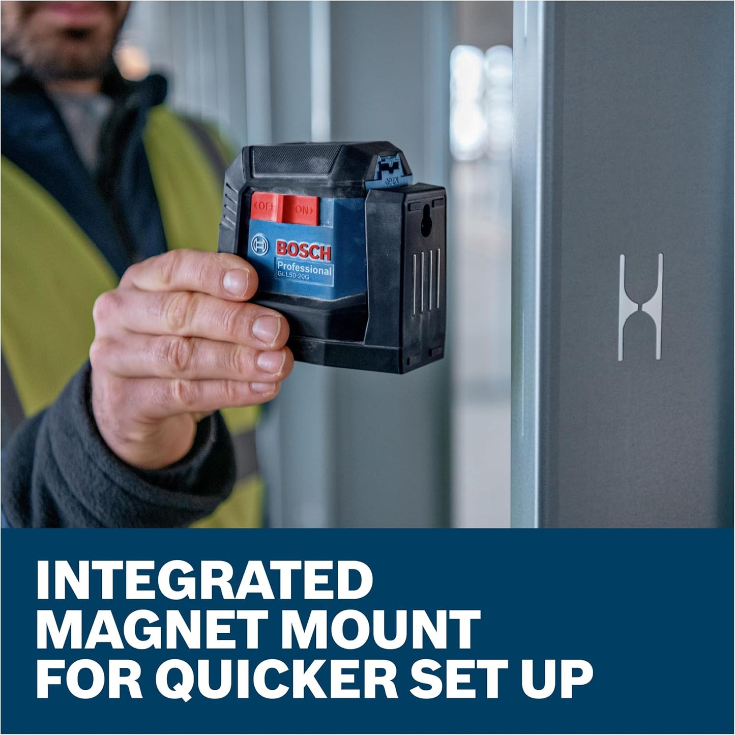 BOSCH GLL50-20G 50 Ft Green-Beam Self-Leveling Cross-Line Laser, Includes Integrated Magnetic Mount, 2 AA Batteries, & Soft Pouch