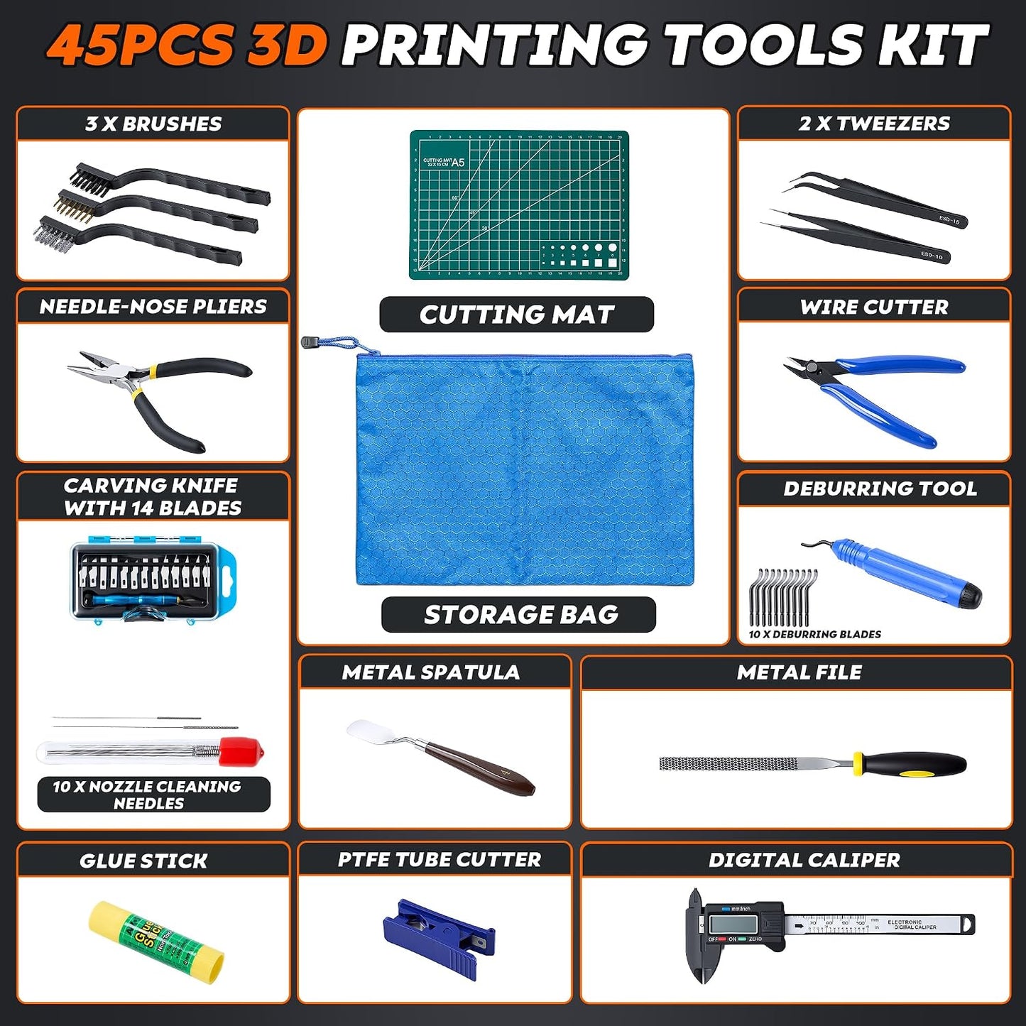 45 Pcs 3D Printer Tool Kit, Cleaning, Finishing, Measuring, Support Removal | Includes Deburring Tool, Digital Caliper, Carving knife, Wire Cutter, Cutting Mat, Brushes, Storage Bag, and more