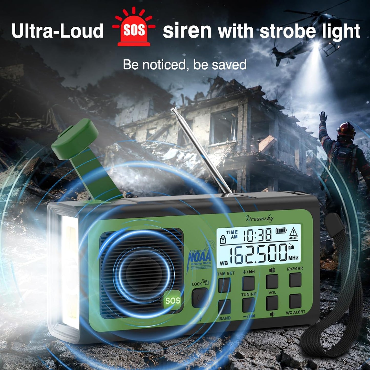DreamSky Hand Crank Emergency Weather Radio NOAA Alert with Solar Powered | Portable Radio AM FM SW, 18500mWh Rechargeable Battery Operated, Loud SOS Alarm, Flashlight & Reading Lamp, USB Port