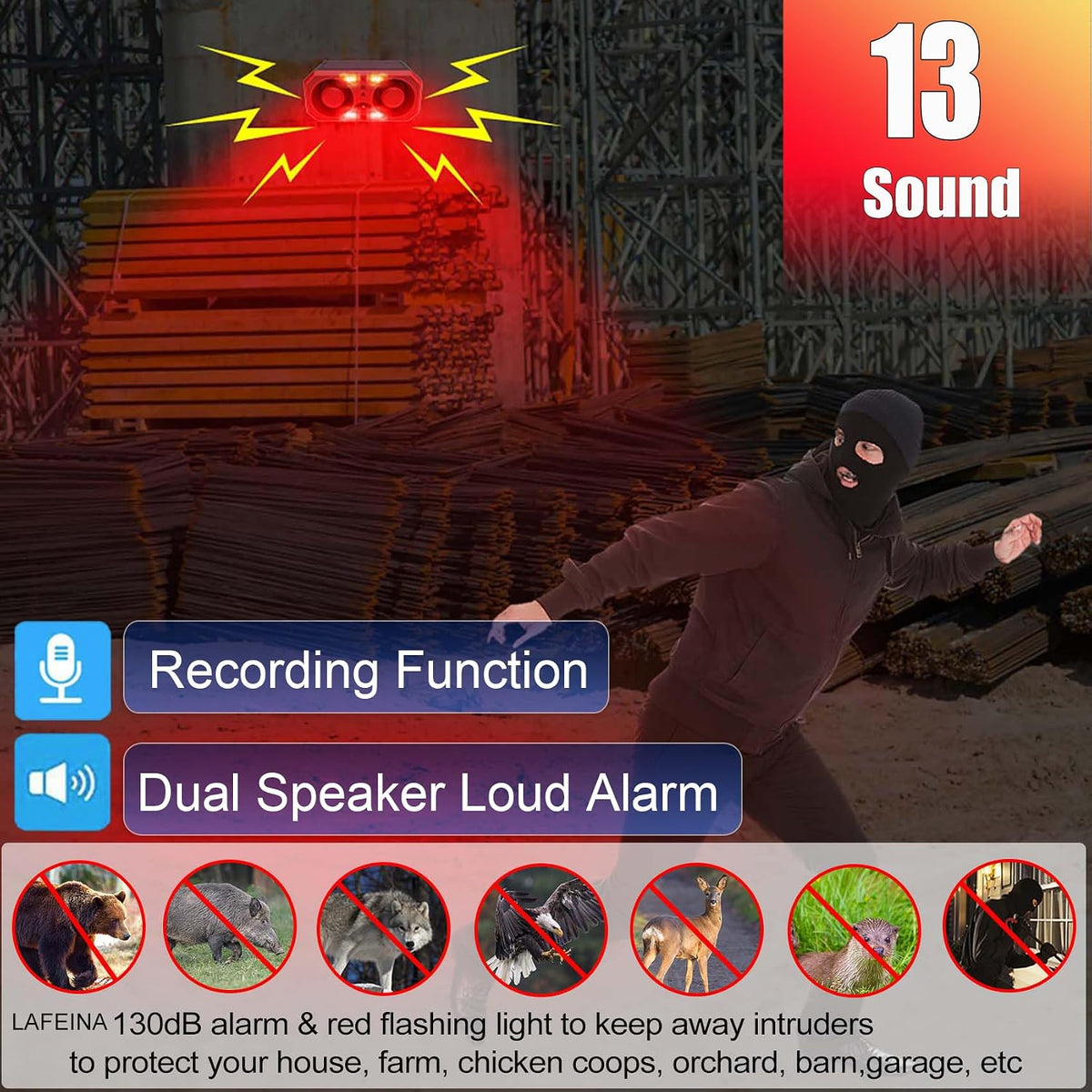 Solar Sound & Strobe Light Alarm Motion Sensor Siren, 13 Sounds & Recording, Dual Speaker 130dB Dog Barking Loud Noise Maker, Security Alert System for Home Farm Barn Villa Orchard (2 Pack)