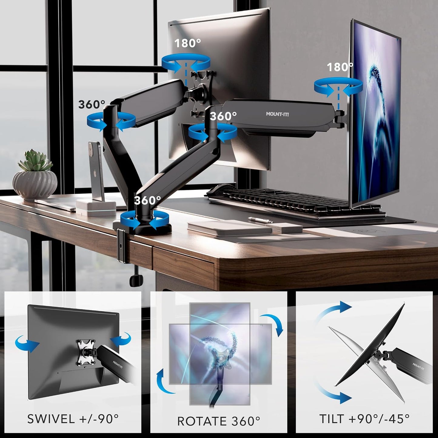 Mount-It! Dual Monitor Desk Mount, 13-32", 17.6 lbs Each | Two independent gas spring arms, full motion, VESA 75x75 &amp; 100x100, C-clamp &amp; grommet base.
