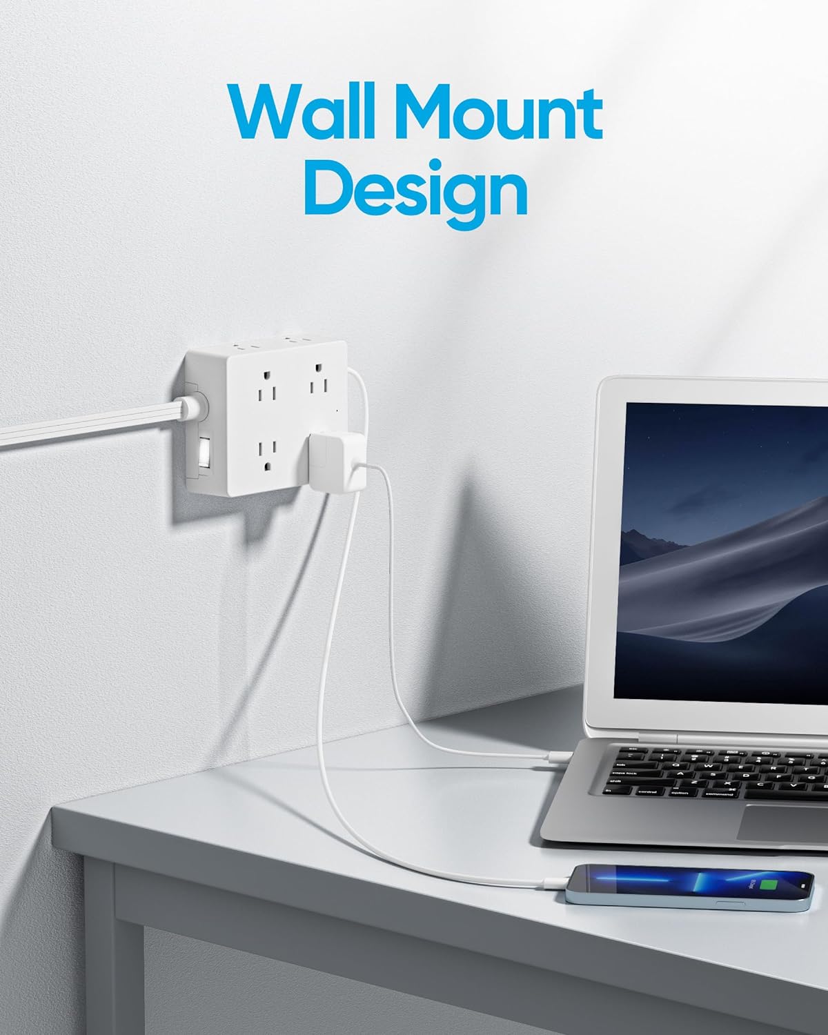 Olcorife Flat Plug Power Strip with 10 FT Extension Cord, 8 Outlets 4 USB Ports(1 USB C), 3 Sided Outlet Extender for Home Office Travel Dorm Room Essentials, White
