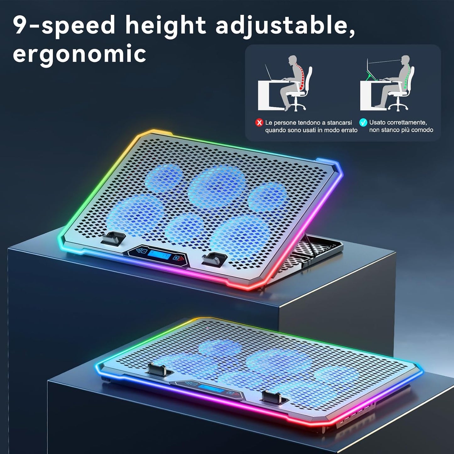 KYOLLY Aluminum Alloy RGB Gaming Laptop Cooler with 6 Fans and LCD Screen - 10 RGB Modes Memory Function, 4 USB Ports 3.0 and 2.0 Hub, 9 Height Adjustable for 10 to 21 Inch Laptops on Desk or Lap