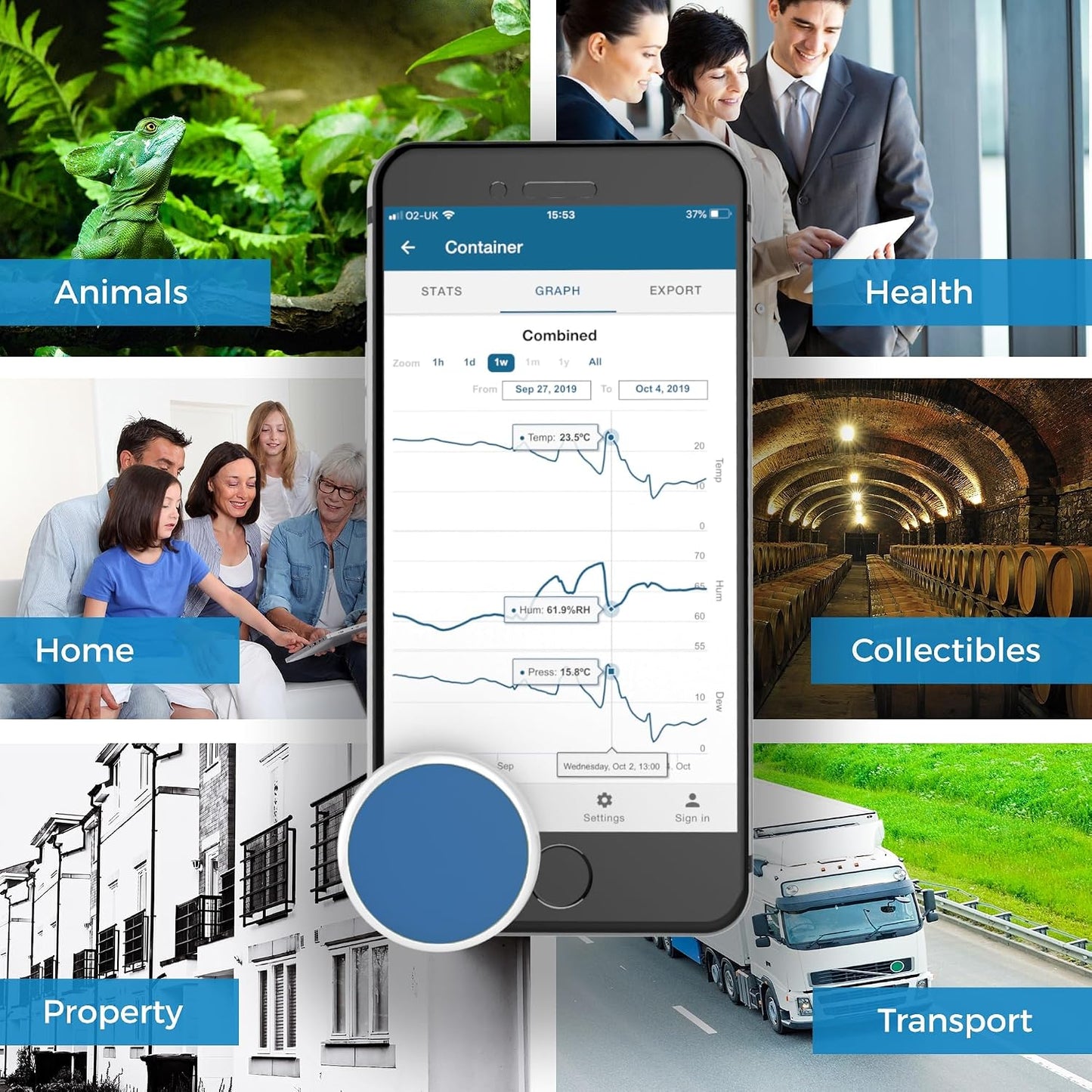 Bluetooth Compatible Thermometer, Hygrometer & Dew Point Sensor and Logger, Smart Temperature Humidity Monitor, Unlimited Phone Storage. Simple Data Export. Made in USA