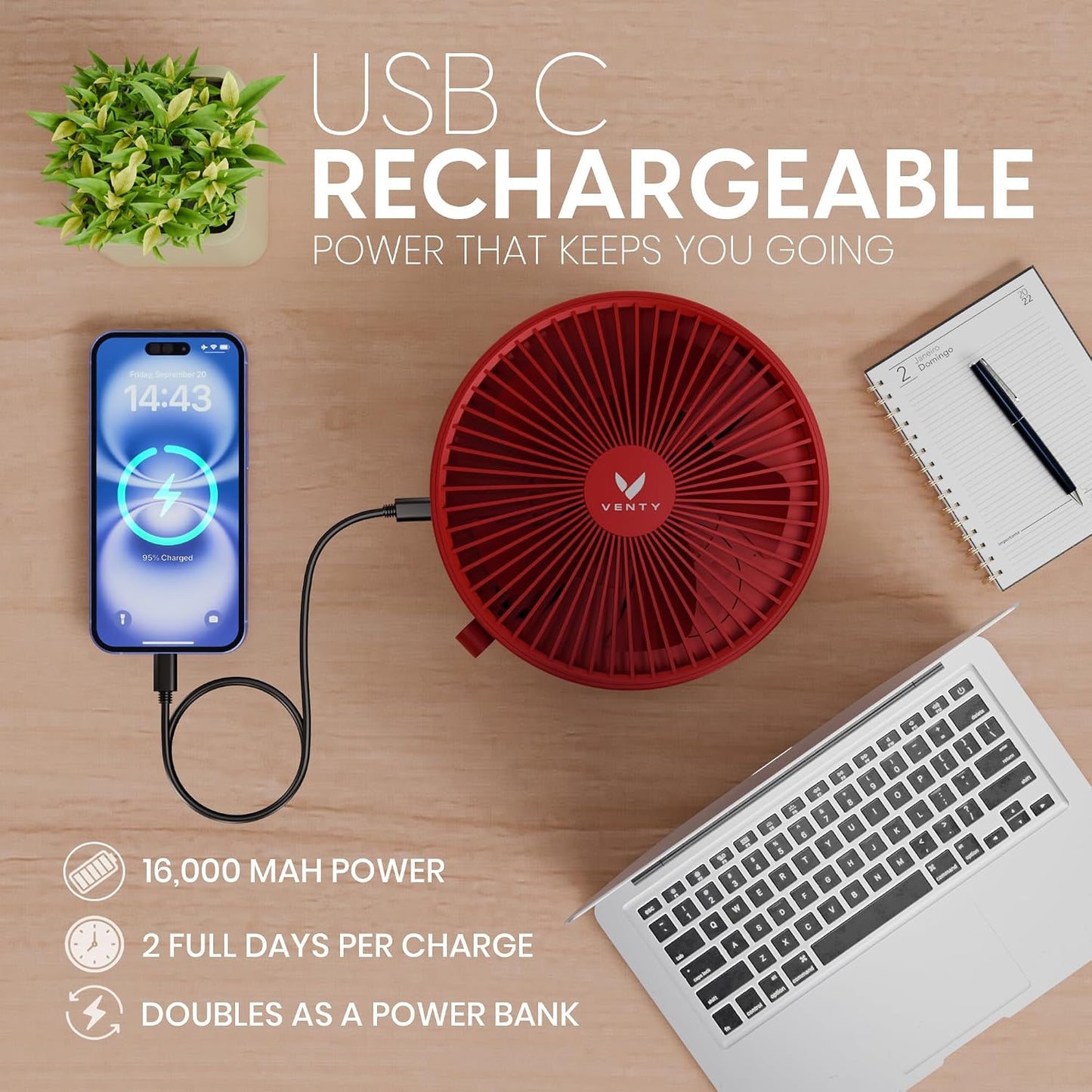 VENTY Portable Fan - Wireless Battery Operated Fan - 4 Speeds - LED Lighting - Carry Case & Remote Control - Cruise Travel - Outdoor Travel RV Power Bank With USB-C Port (Red with Case)