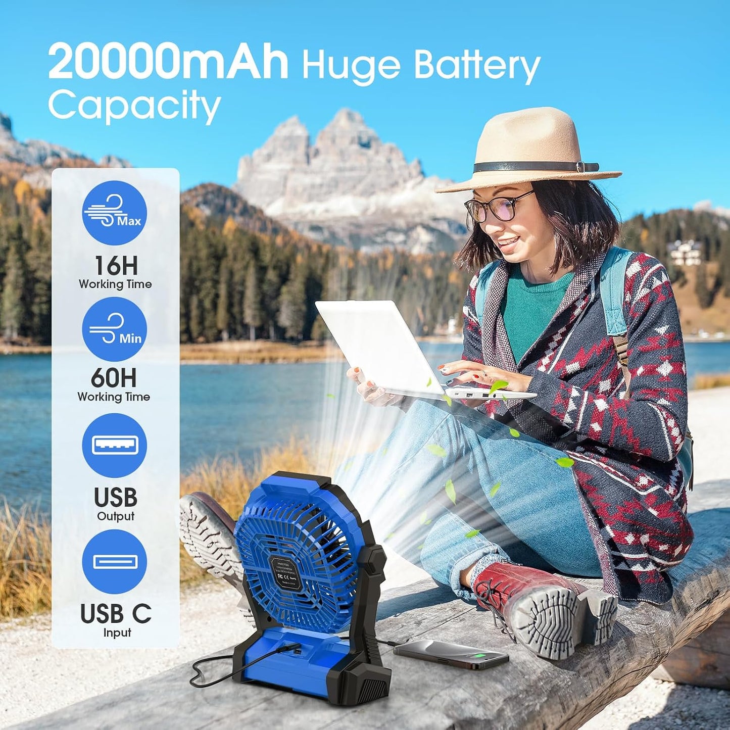 Portable Fan Rechargeable 20000mAh Cordless Battery Powered Camping Fan | with LED Lantern, Small Table Fan, USB Battery Operated Fans for Travel Bedroom Home Camping Tent Office Beach Desk Blue
