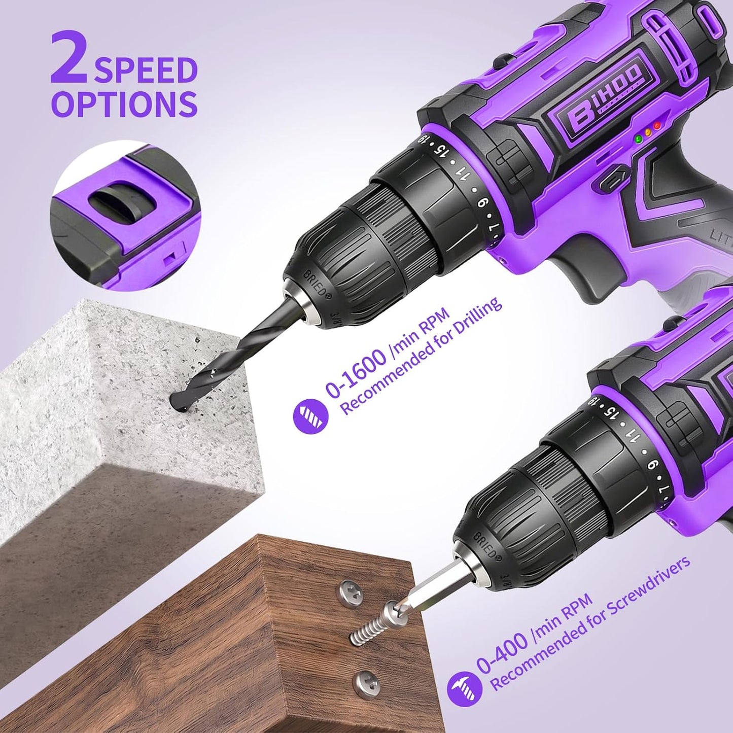 20V Cordless Drill with Battery and Charger, 3/8'' chuck, Purple | 25+1 torque settings, 25Nm max, 2-speed 1600RPM electric screwdriver, 3/8 inch keyless chuck, LED light, 2000mAh Li-ion power
