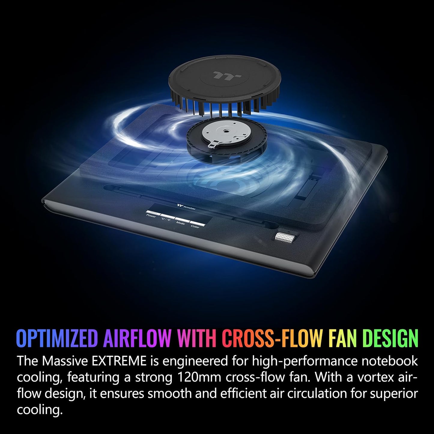 Thermaltake Massive EXTREME Notebook Cooler; Laptop up to 18in; 800~3500 RPM; 48.5 CFM; 120mm Cross Flow Fan; Ambient Temp Sensor; PWM Scroll Wheel; 2 Stage Height & Angle Adjustment; CL-N023-PL12SW-B