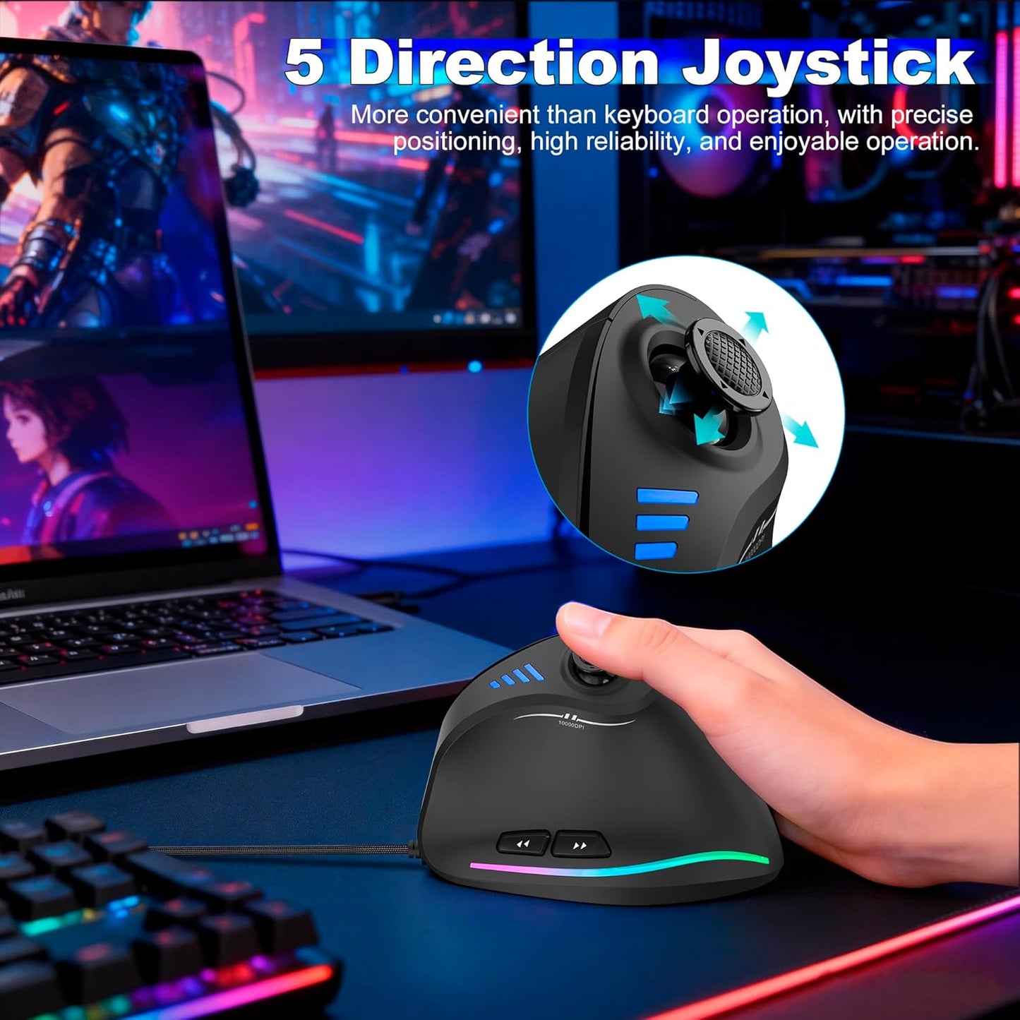 TRELC Wired Gaming Mouse with 5 D Rocker, 10000 DPI/11 Programmable Buttons, Vertical Ergonomic Mouse with On-Board Memory, Optical Computer Mice for PC/Laptop/E-Sports/Gamer