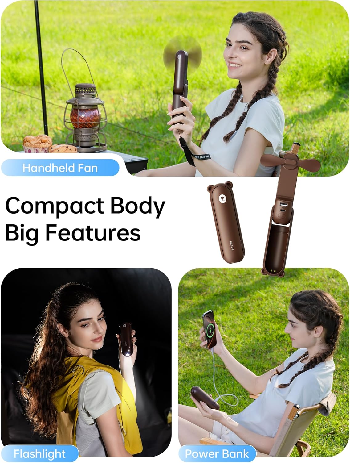 JISULIFE Handheld Fan 8 Plus: 40H Cooling & 4500mAh PowerBank & Flashlight | USB Rechargeable, Portable Pocket Size for Travel, Makeup, Concerts, Summer Gifts for Women(Brown)