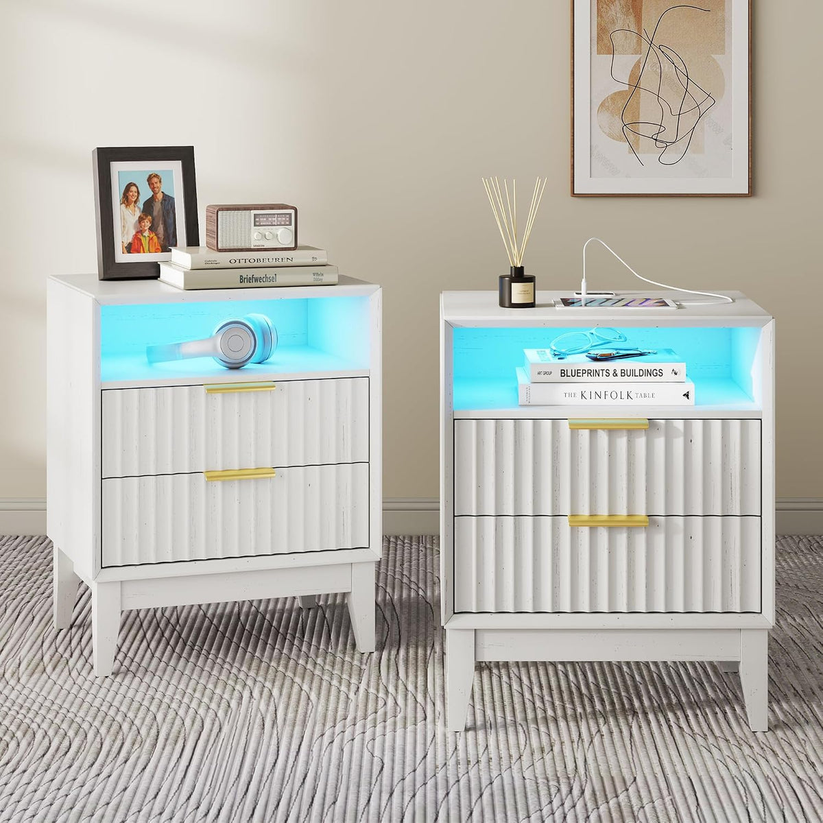 LVSOMT LED Nightstand Set of 2, RFID Lock, Charging Station, White