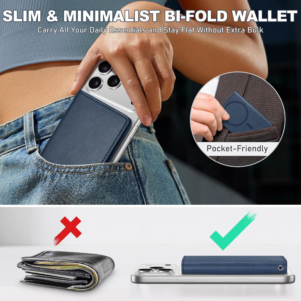 TUCCH for Magsafe Card Holder with Clear ID Window, Fit 6 Cards, Dark Blue | Magnetic Phone Wallet, for iPhone 17/17e/16/15/14/13/12 Pro/Pro Max/Plus, RFID Blocking, PU Leather