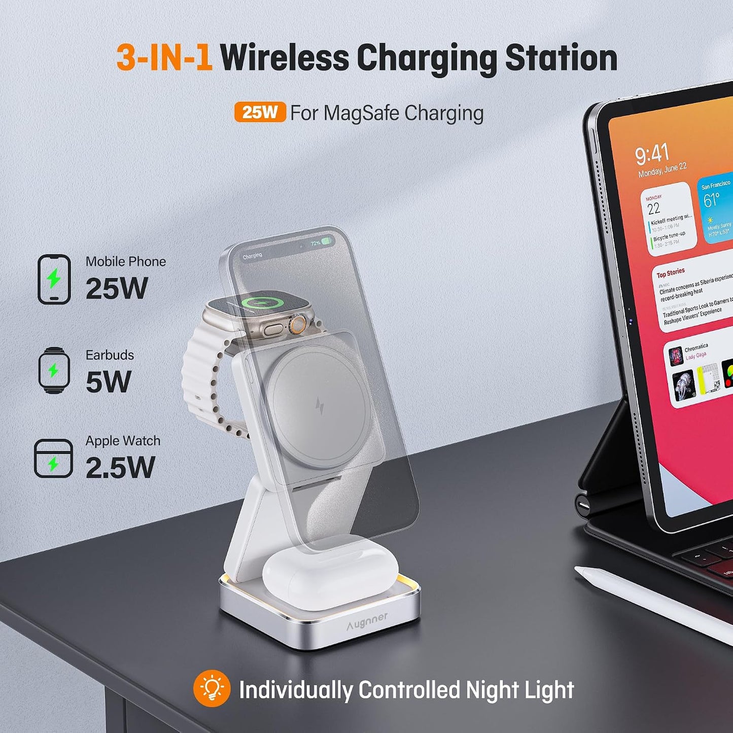 Augnner 25W 3-in-1 Charging Station for Apple Device, White Foldable Magnetic Wireless Charger, Fast Travel Charging Stand for iPhone17/16/15/14/13/12 Series, Apple Watch/AirPods