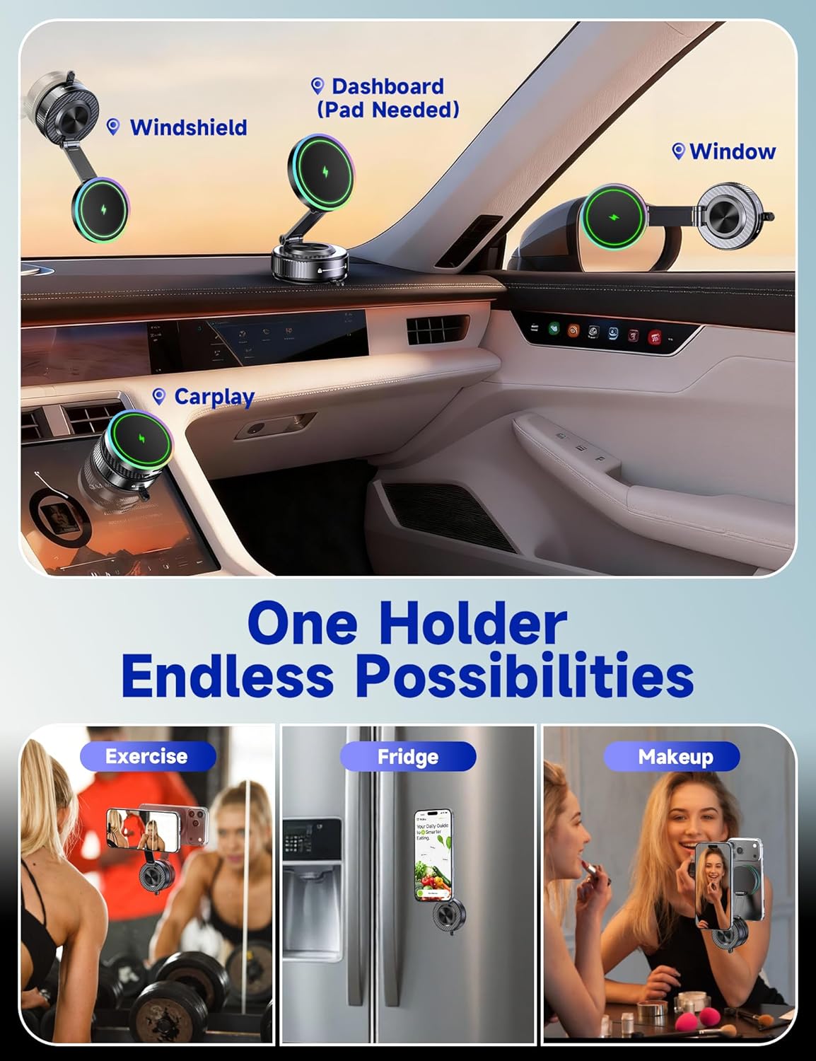 15W Magsafe Car Mount Charger, Faster Charging Wireless Car Charger | [105+LBS Suction & 3800gf Magnetic] Car Phone Holder, 360° Adjustable, Phone Holders for Your Car for iPhone & Android