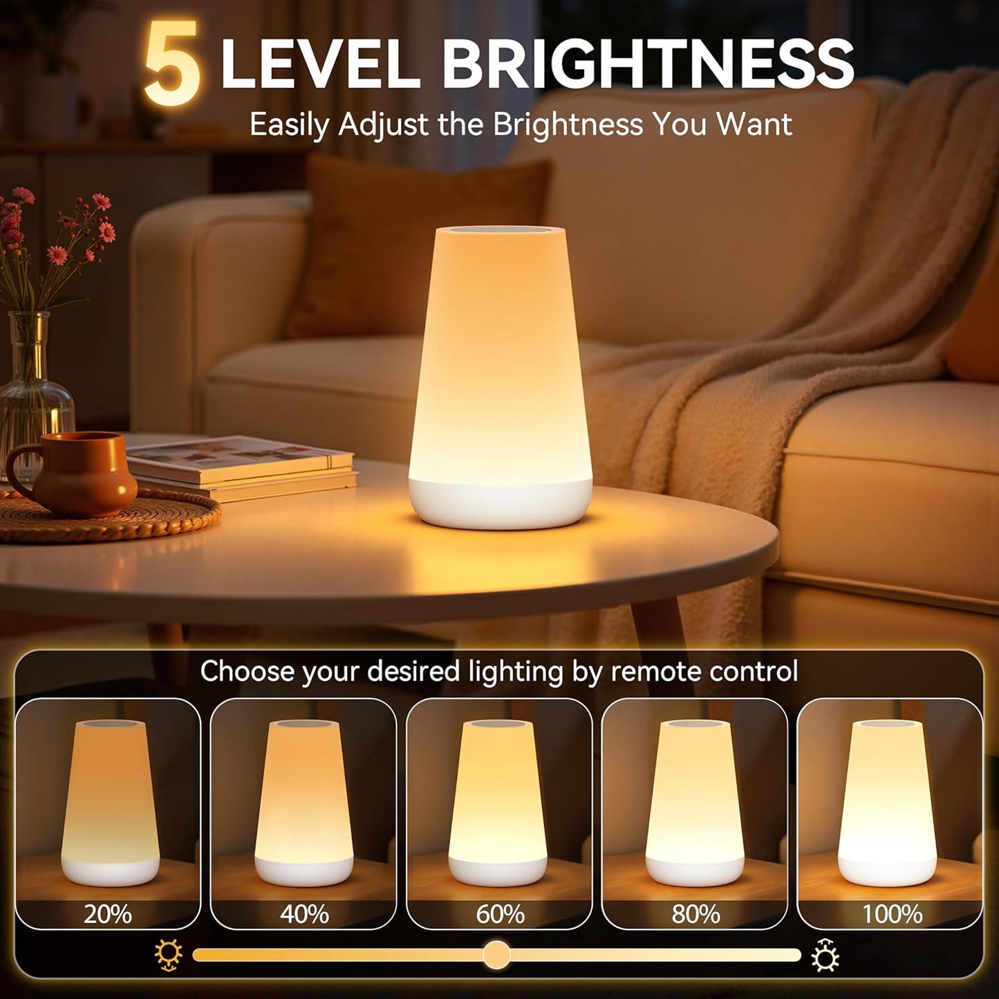 Auxmir Rechargeable Night Light, 13-Color Remote Control Lamp, White | touch control, 13 colors, 5 brightness levels, 4 lighting modes, 1/2/4/6-hour auto-off, portable for nursery and camping