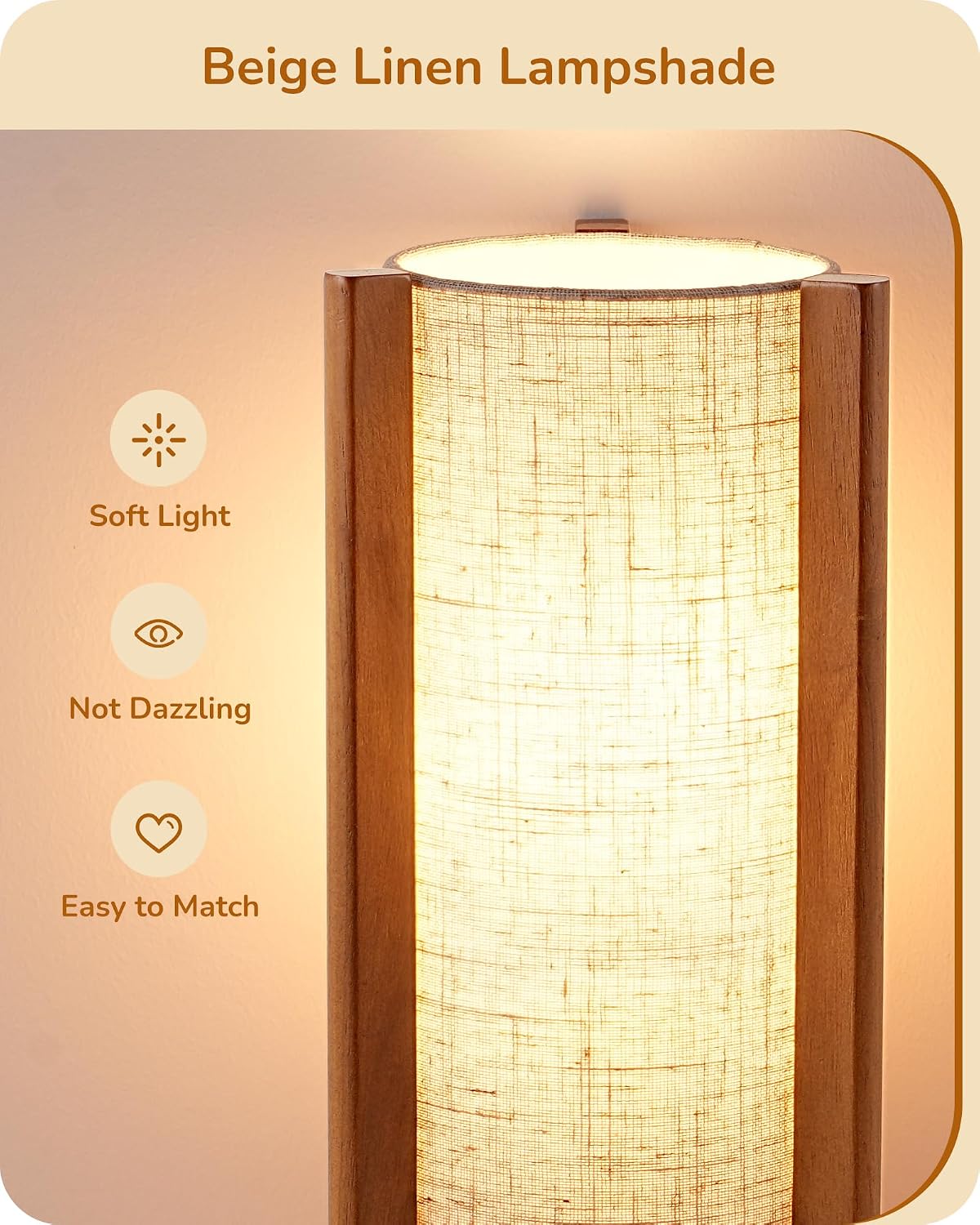 EDISHINE 13.5" Small Table Lamp, Walnut Wood Cylinder Nightstand Lamp, E26 | Beige Linen Shade, On-Off Line Switch, Three-Sided Base, Corner Modern Bedside Lamp for Living Room, Bedroom