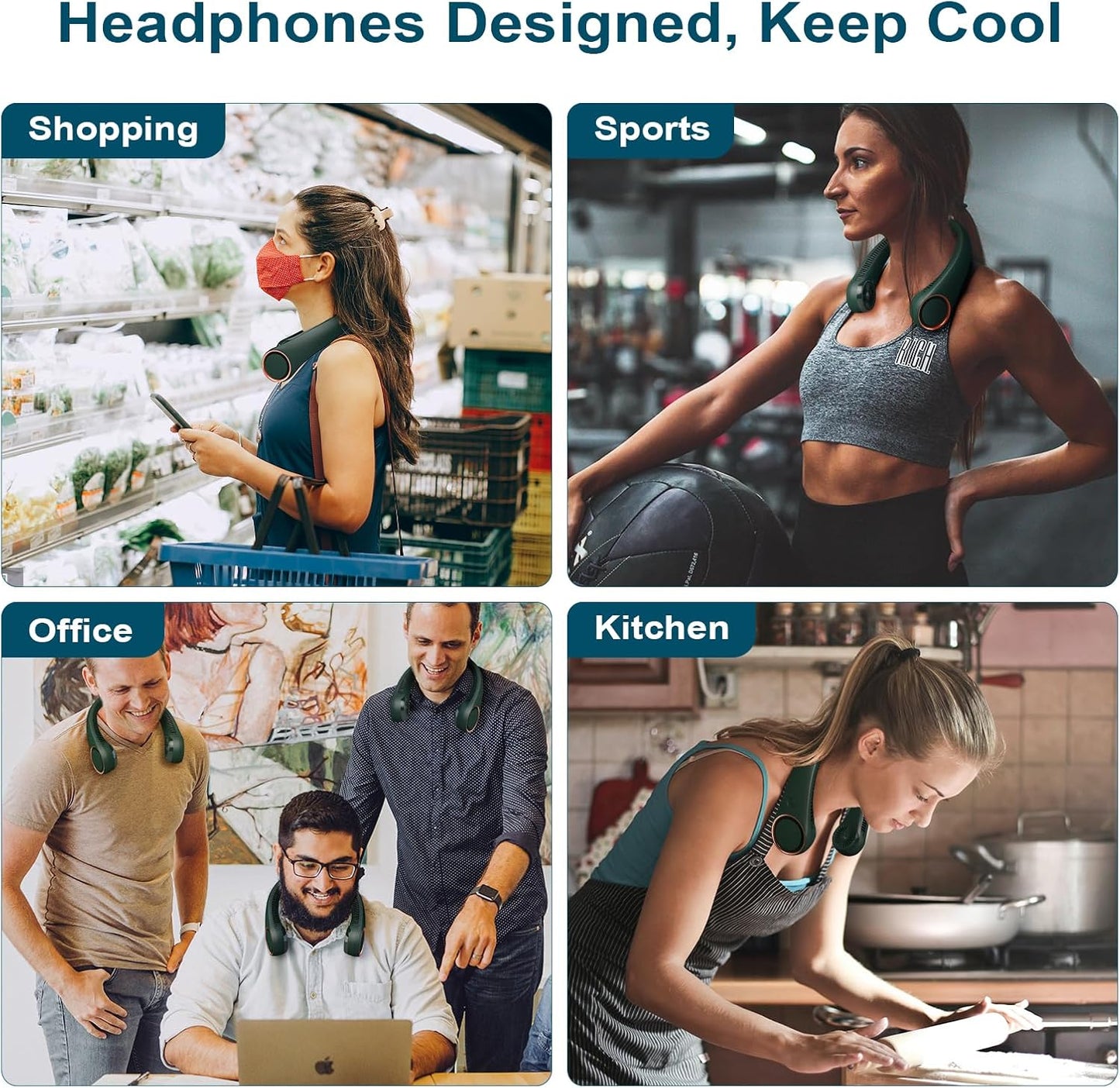 CIVPOWER Neck Fan: Portable Personal Neck Cooling Rechargeable Bladeless Fan - Hands Free 3 Speed 4000 mAh Battery USB Operated Wearable Headphone Design - Gift for Men Women Outdoor (Dark Green)