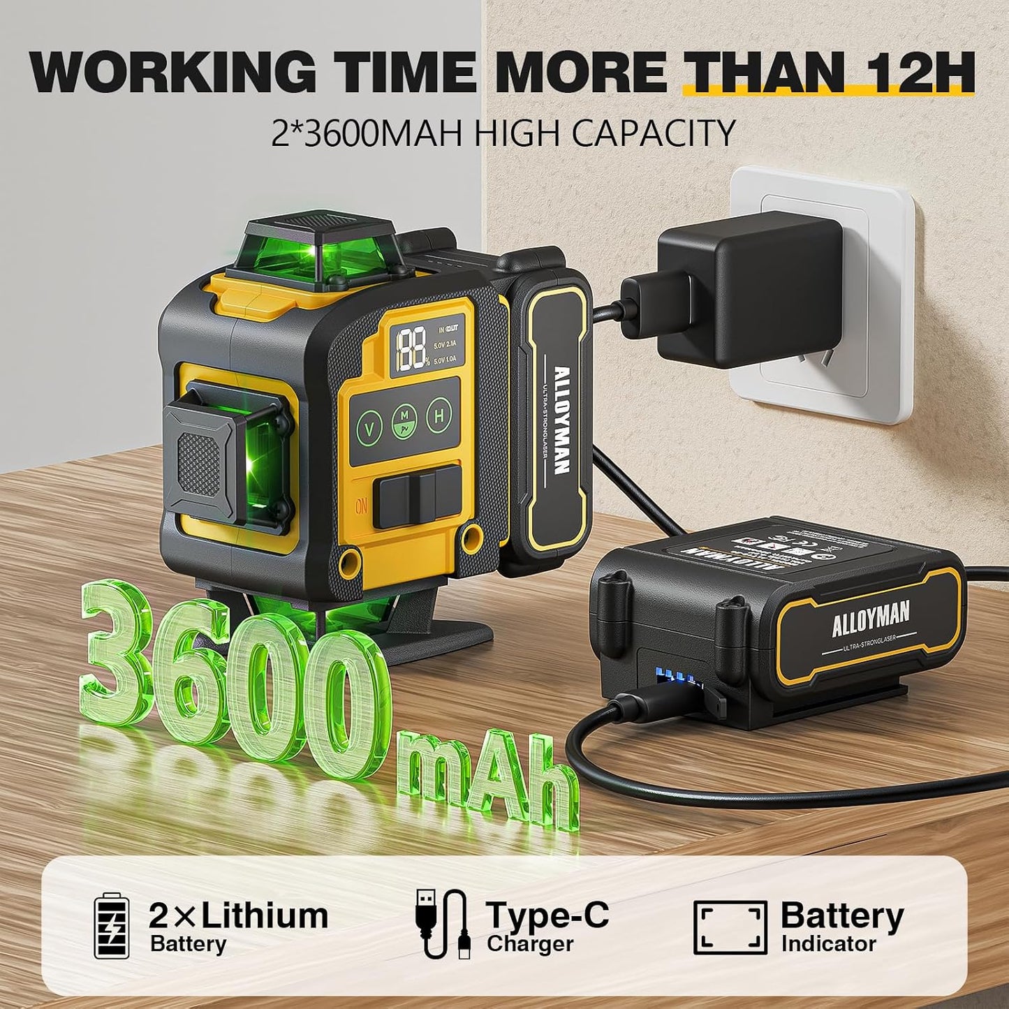 Alloyman Laser Level with Tripod, Laser Level 4× 360° Self Leveling | Green Line Lazer Leveler Tool with with 2Pcs Lithium Batteries, Ideal for Picture Hanging, Tile, Home Renovation, Indoor