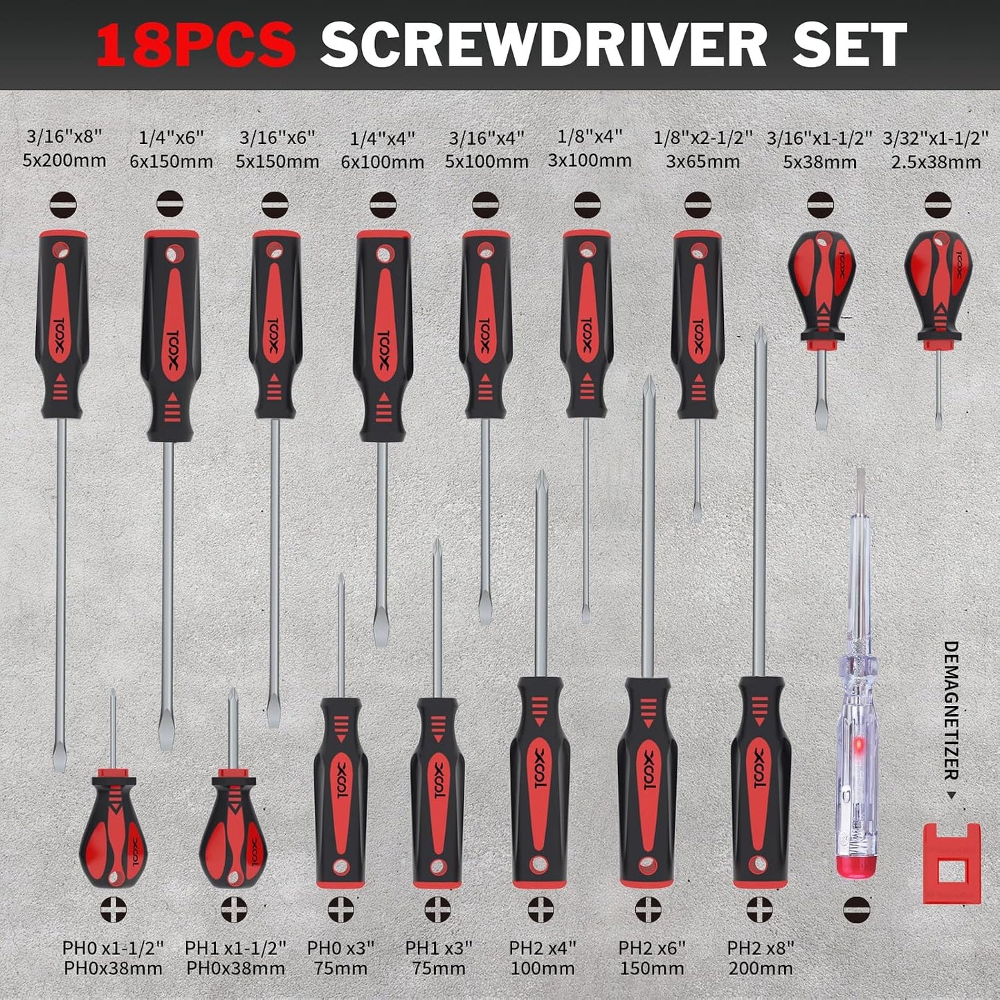 XOOL 18 PCS Magnetic Screwdriver Set with Case, 7 Phillips and 9 Slotted Tips, Professional Cushion Grip Screwdriver Non-Slip for Repair Home Improvement Craft