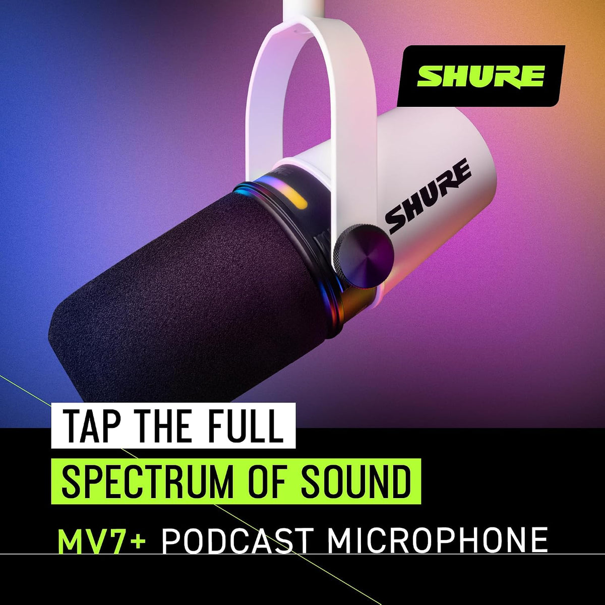Shure MV7+ USB-C &amp; XLR Podcast Dynamic Microphone - White | USB-C and XLR dynamic mic with LED touch panel, auto level and pop filter for podcasting, streaming and recording