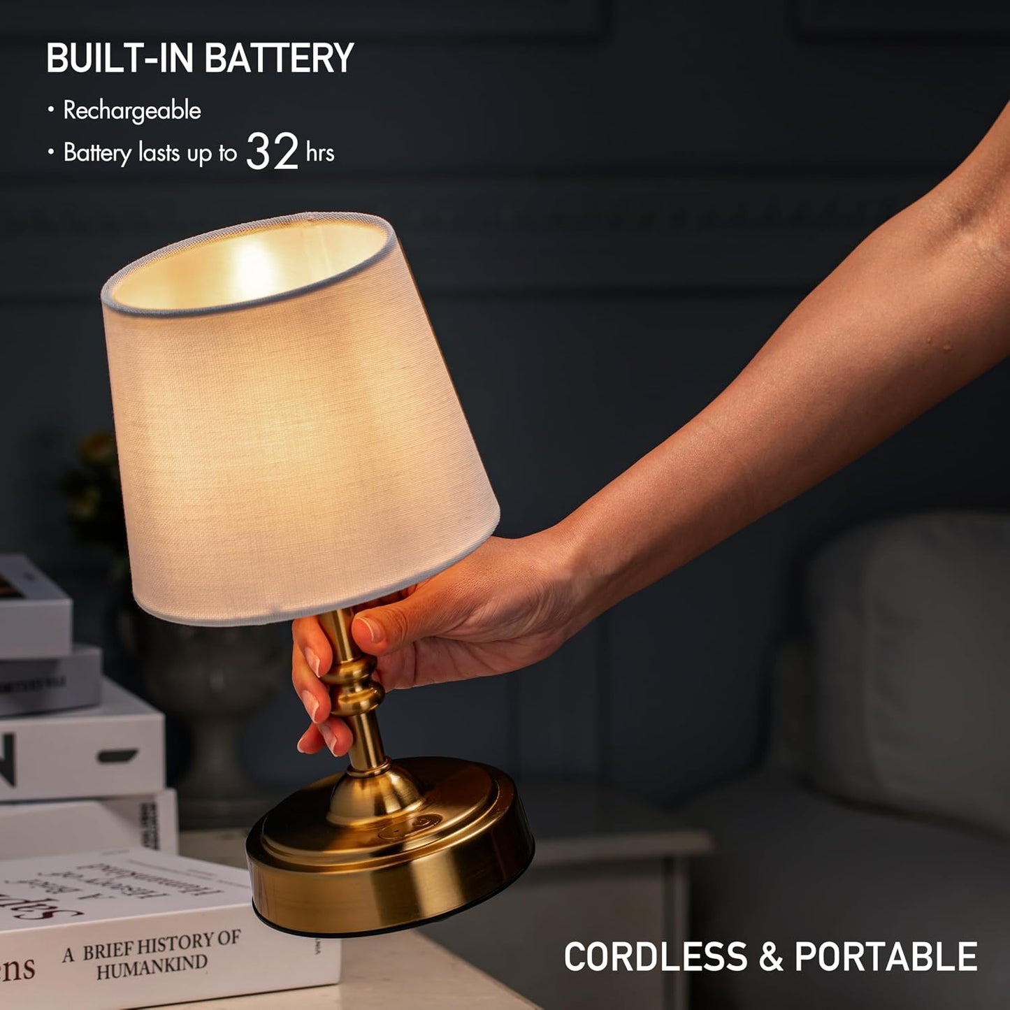 O’Bright Seraph mini – Cordless LED Table Lamp with Dimmer, Built-in Rechargeable Battery, 3-Level Brightness, Patio Table Lamp, Bedside Night Lamp, Ambient Light for Restaurant, Antique Brass