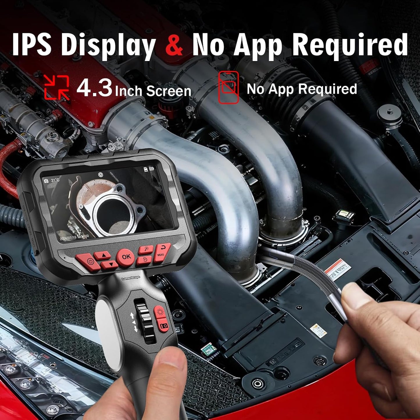 2-Way Articulating Borescope w/Light,0.24in Probe Endoscope for Auto Engine | 1080P IPS Screen, IP67 Waterproof 5.3FT Fiber Optic Cord, 32GB Storage, Carry Bag, No App for Auto, Plumbing & HVAC Work