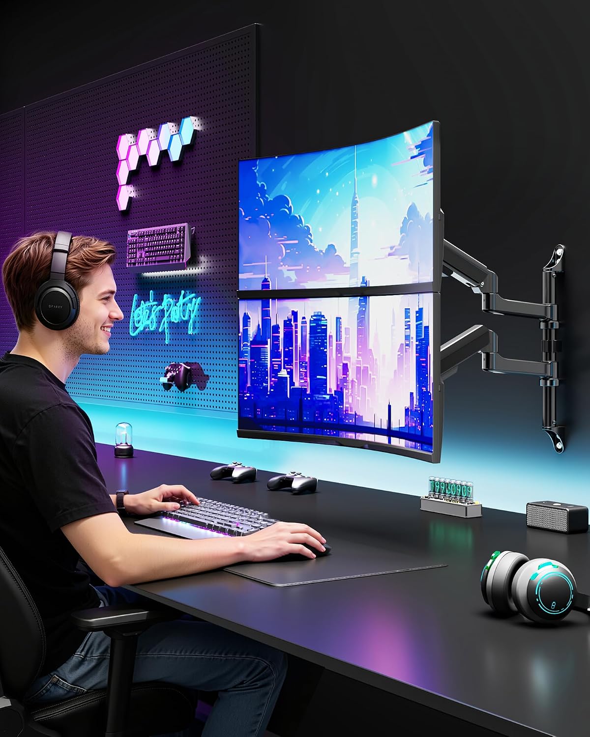 ARES WING 17-40 Inch Ultrawide Vertical Dual Monitor Wall Mount, Black