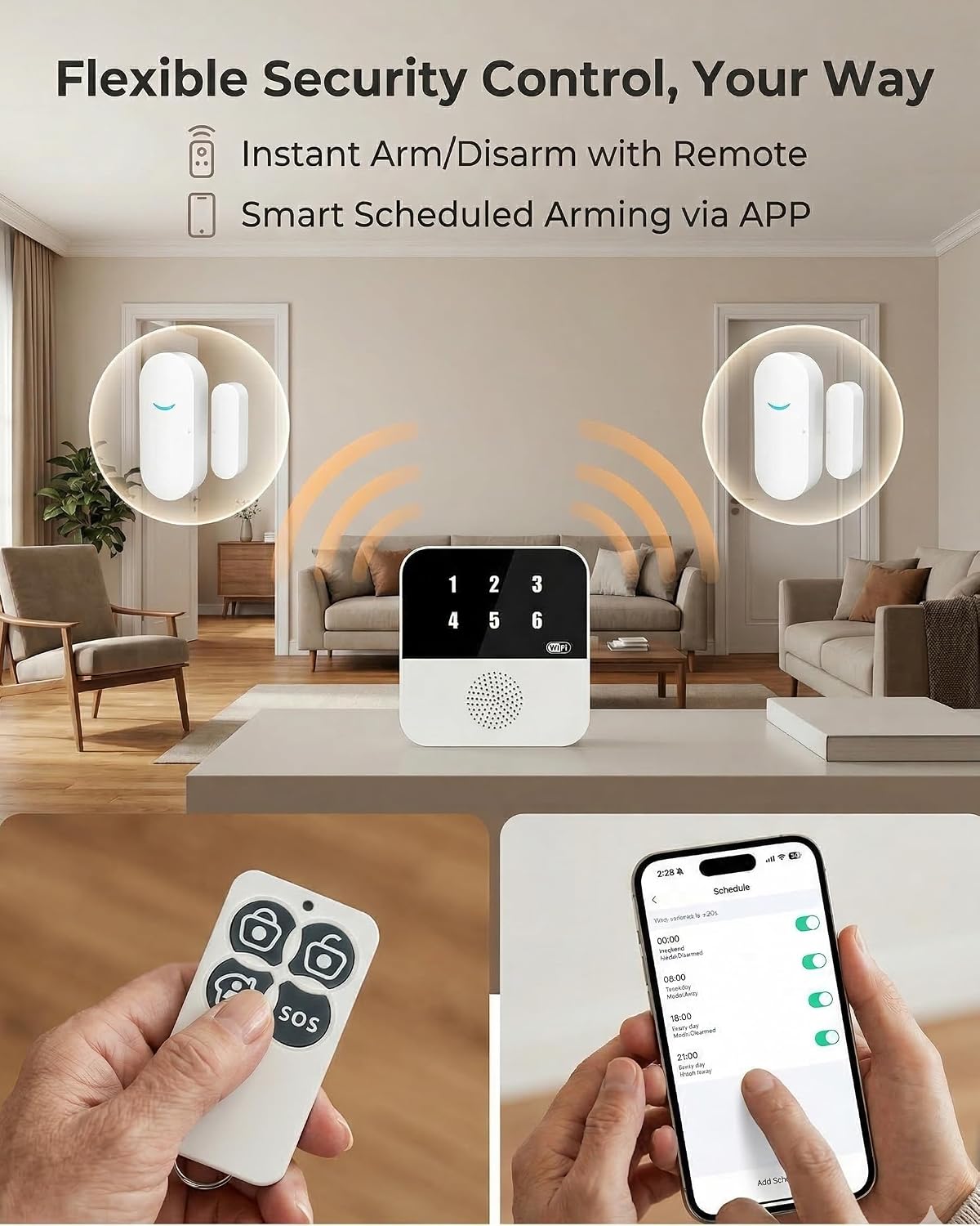 PILSAMAS Wi-Fi Smart Door and Window Alarms for Dementia Wandering Seniors | 1 Receiver 4 sensors 1 remote, App alerts, ID display caregiver pager, Whole home door sensor chime for kid, Toddler security