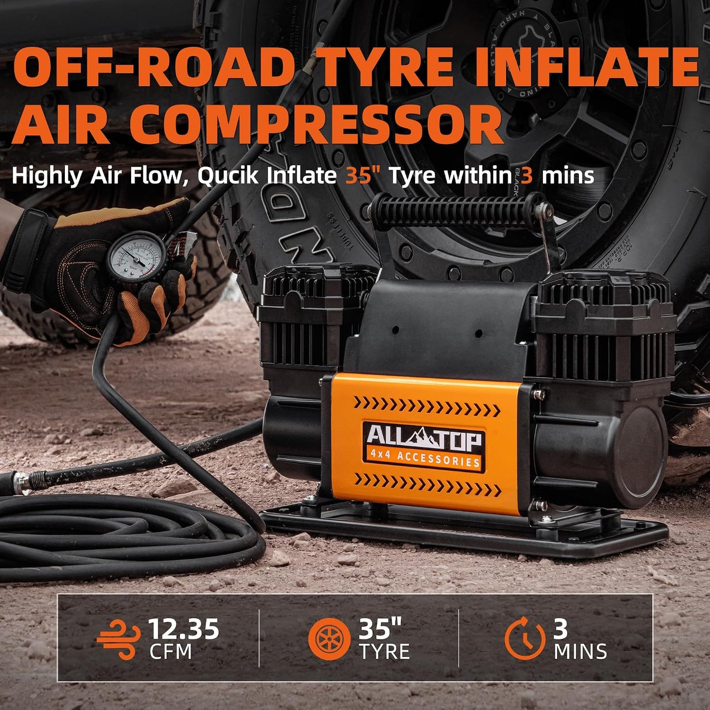 ALL-TOP Air Compressor Kit, Dual Cylinder 12V Portable Inflator 12.35 ft³/Min, Offroad Air Compressor Pump for Truck Tires, Heavy Duty Max 150 PSI for 4x4 Vehicle & RV