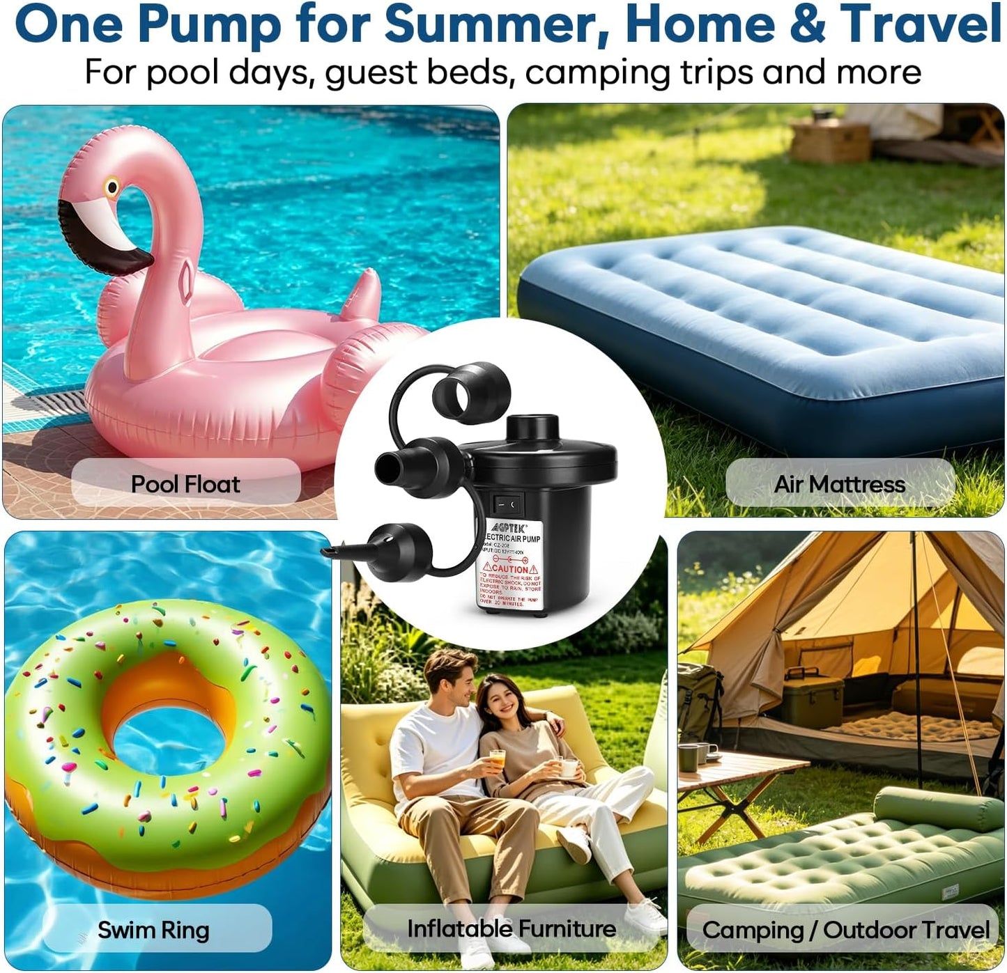 AGPTEK Electric Air Pump for Inflatables,110V AC &12V DC Inflator Deflator | 4.5kPa Quick-Fill, 3 Nozzles, Portable Air Pumps for Outdoor Camping, Inflatable Air Mattress Beds, Boats, Swimming Ring