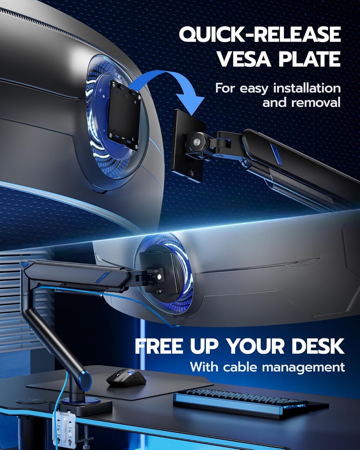 ARES WING 17-49 Inch Monitor Arm Ultrawide Single Monitor Mount, Black | Heavy Duty Mechanical Spring Monitor Stand Adjustable Arms Holds up to 44lbs, 75/100 VESA Mount with Clamp/Grommet Base
