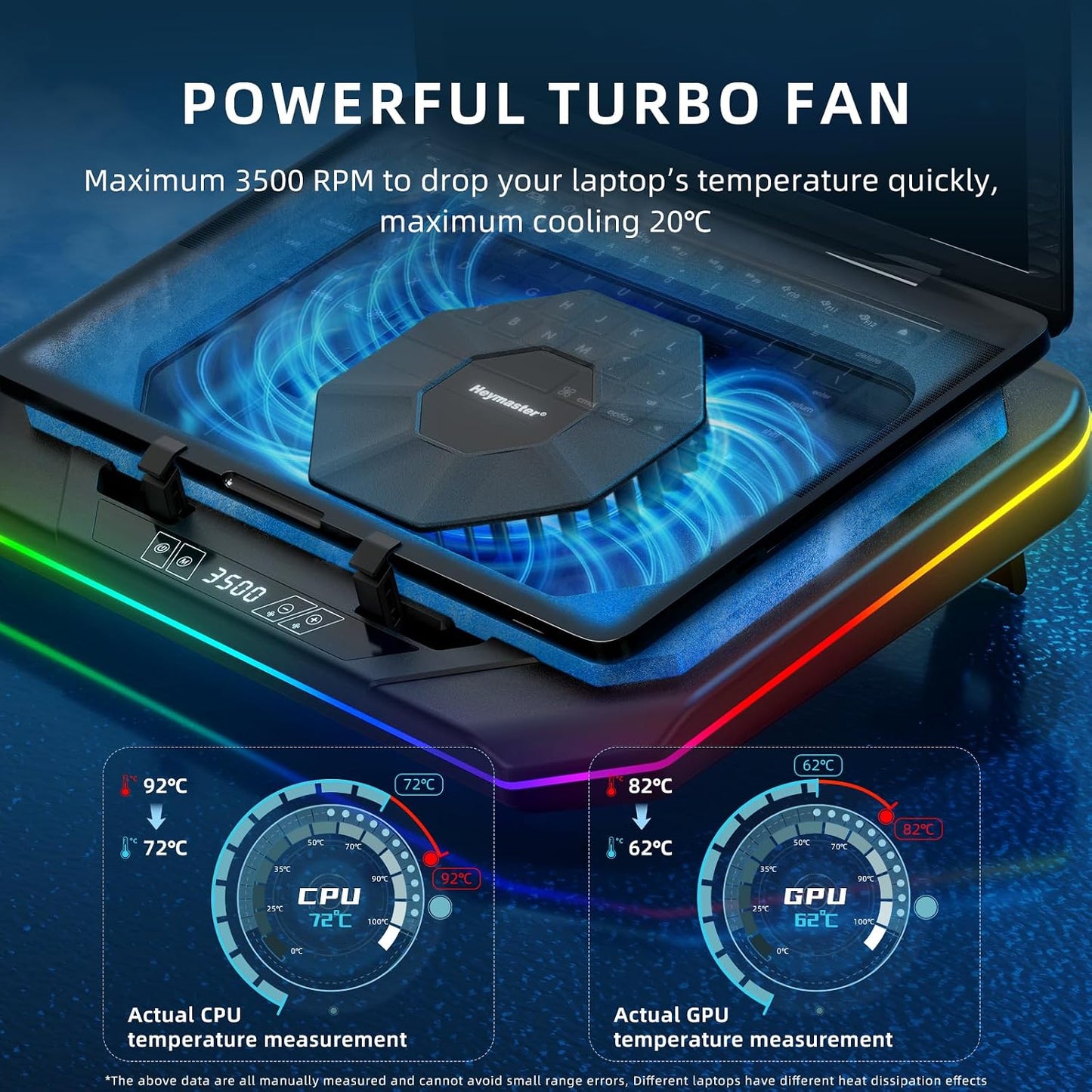RGB Laptop Cooling Pad with LED Touch Screen, 3500 RPM Turbofan Notebook Cooler for 12-21 Inch Gaming Laptops, 3-Port USB Hub, Adjustable Stand to Prevent Overheating & Boost Performance