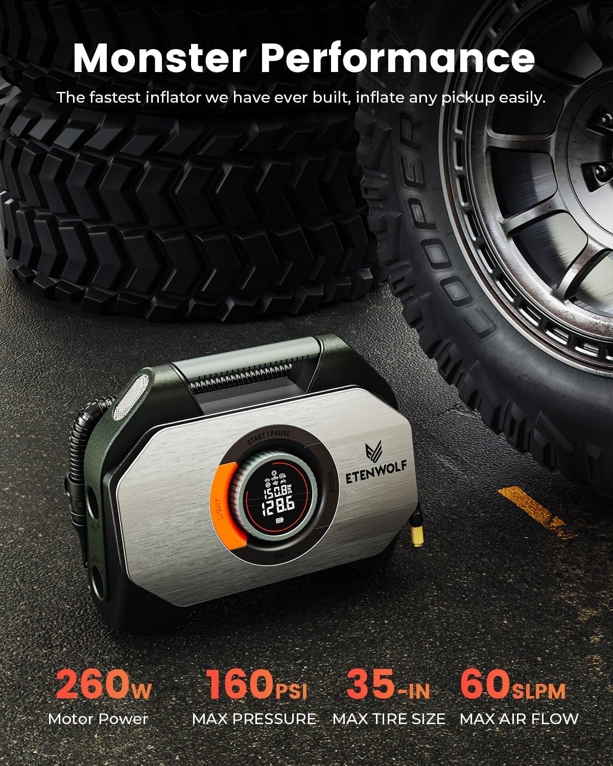 ETENWOLF VORTEX S7 Tire Inflator for Heavy-duty Vehicle with 38400 mAh | 160PSI Portable Air Compressor for Car Tires, Cordless Air Pump with 100% Duty Cycle & Dual Cylinder, Auto Shut-Off,LED Light
