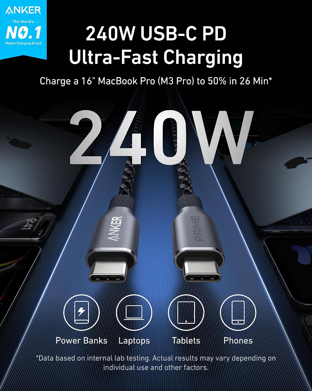Anker Prime USB C to USB C Cable, 240W Fast Charging Durable Cable (6 ft) | USB 2.0 Upcycled Braided Nylon, 100-Year Bend Durability for iPhone 17 / 17 Pro / 17 Pro Max, MacBook, Galaxy, and More