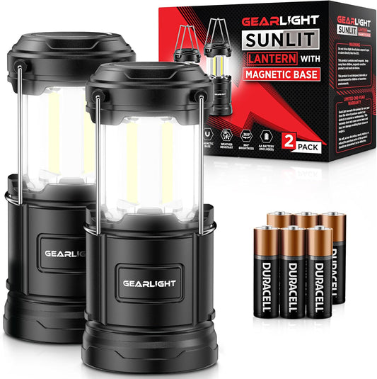 GearLight Camping Lantern - 2 Portable LED Battery Powered Lantern with Magnetic Base and Foldable Hook for Emergency Use or Campsites, Essential Hurricane Survival Kit with Batteries - Black