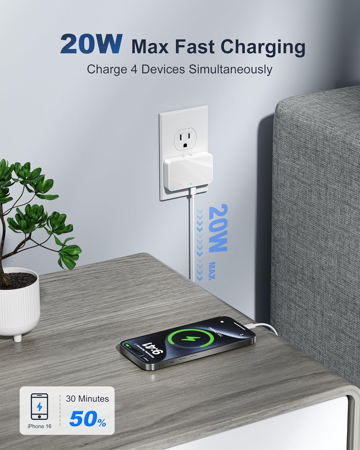 USB C Wall Charger, Super Thin Flat USB Wall Plug with 4 Ports, Fast Charging USB Plug Adapter with PD20W for Home and Travel (White)