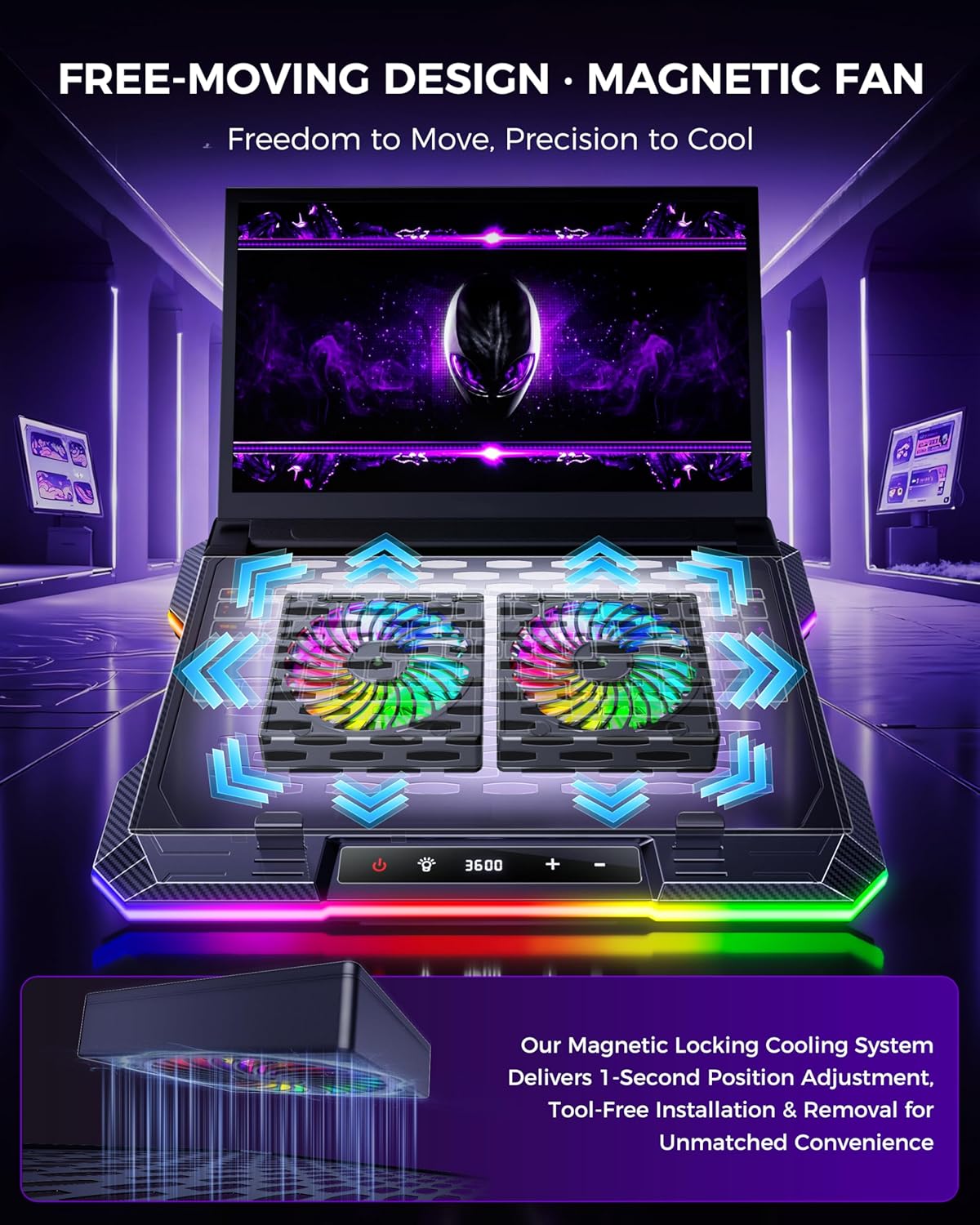ChillCore 2 Detachable Fans RGB Gaming Laptop Cooling Pad, Rapid Cooling for 15.6-19.3" Laptops, Variable Speed Control, 8 Adjustable Heights - K6 RGB