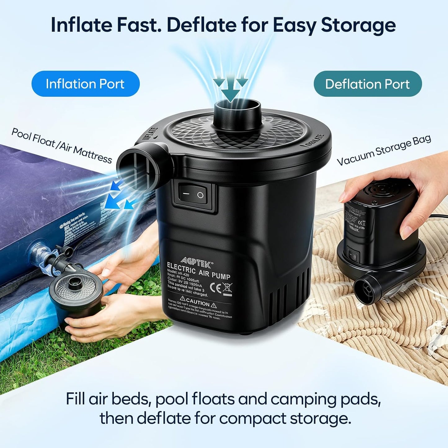 AGPTEK Rechargeable Air Pump,4000mAh Quick-Fill Inflator Deflator,3 Nozzles | Portable Electric Air Pump, Lightweight, for Air Beds, Air Mattresses, Pool toys,Inflatables,Fast Inflation,Camping, Outdoor
