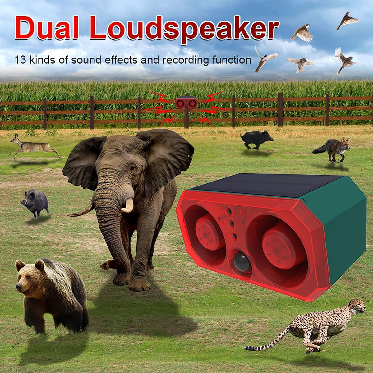 Solar Sound & Strobe Light Alarm Motion Sensor Siren, 13 Sounds & Recording, Dual Speaker 130dB Dog Barking Loud Noise Maker, Security Alert System for Home Farm Barn Villa Orchard (2 Pack)