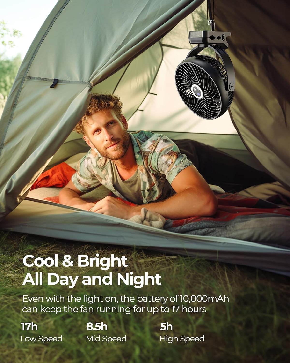 Koonie 8'' 10000mAh Portable Clip on Fan with LED Lantern and Hook | Battery Operated Desk Fan, Quiet Camping Fan with LED Digital Display, 360° Rotation & 3 Speeds for Travel Tent Gym Treadmill