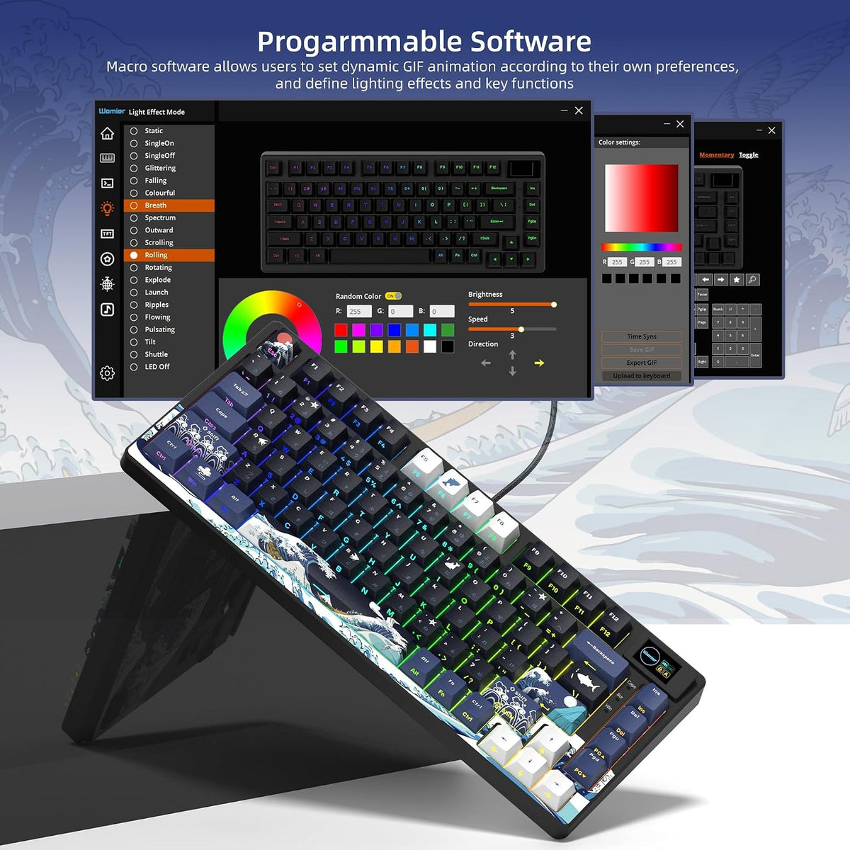 Womier SK80 75% Keyboard with Color Multimedia Display Gaming Keyboard | Creamy Sound Mechanical Wired Hot Swappable Gasket RGB Custom Key board, Pre-lubed Stabilizer for Mac/Win, Black Kanagawa