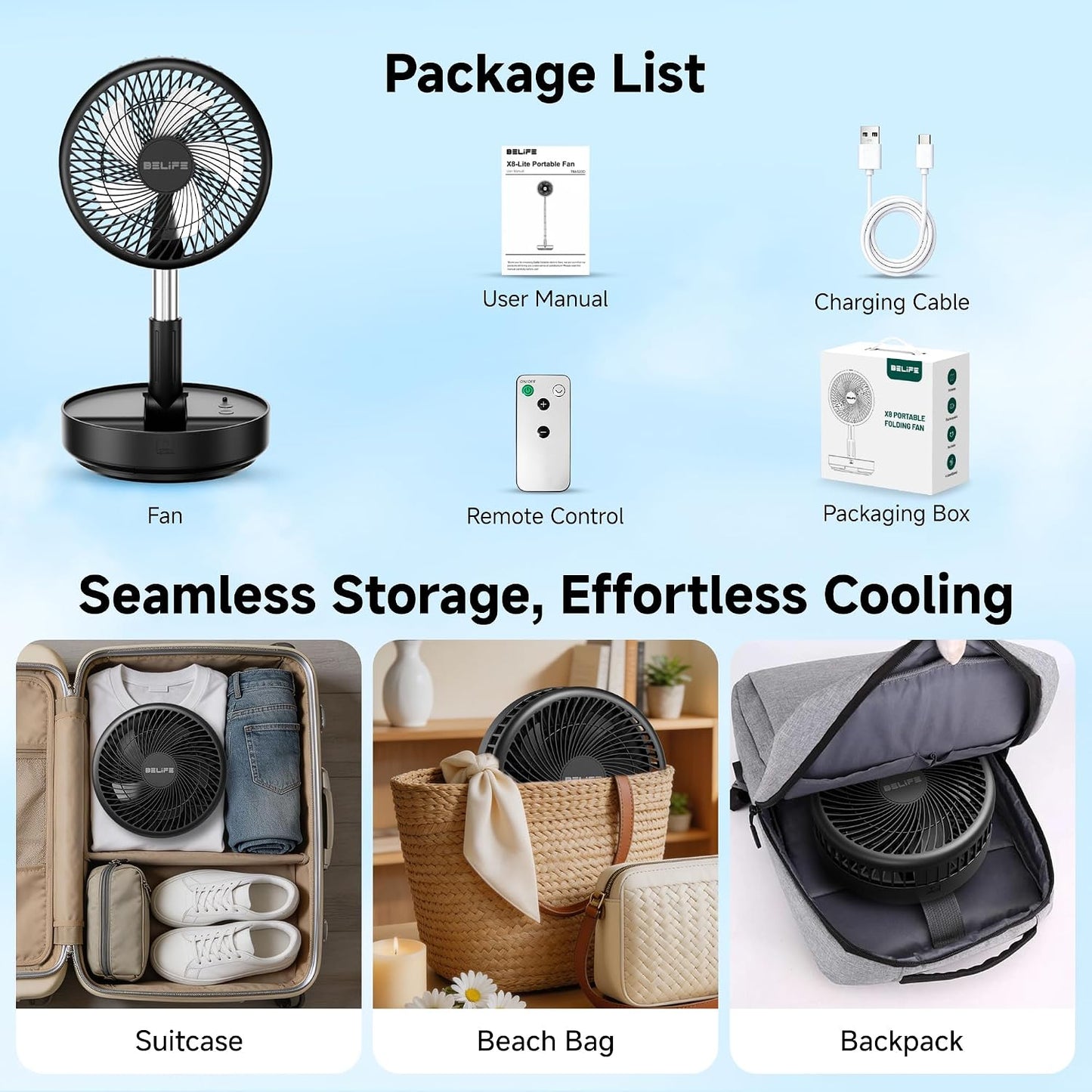 Belife X8 Portable Oscillating Camping Fan for Travel | 7200mAh Rechargeable Battery Powered Fans, USB Desk Fan with Remote, Foldable Cordless Floor Fan for Bedroom, 7.7"